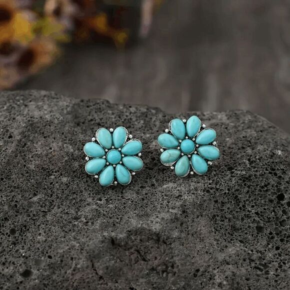 Western Boho Flower Turquoise Stud Earrings - Picture 1 of 5